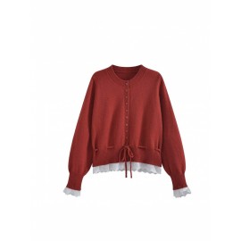 Women's Elegant Lace Patchwork & Tie Waist Loose Cardigan Sweater - Off-Shoulder/Boat Neck Jacket, Cozy Fall/Winter Outerwear, Machine Washable Layering Piece for Blouses & Trousers (Patchwork Design)