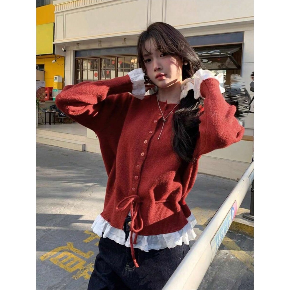 Women's Elegant Lace Patchwork & Tie Waist Loose Cardigan Sweater - Off-Shoulder/Boat Neck Jacket, Cozy Fall/Winter Outerwear, Machine Washable Layering Piece for Blouses & Trousers (Patchwork Design)