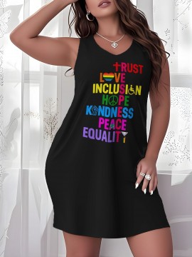 Plus Size Oversized Nightdress - -Themed Comfortable Bed Dress with Round Neck Short Length, Sleeveless Machine-Washable Clothing for All-Season Use, Inclusive Bedgown for & Casual Wear