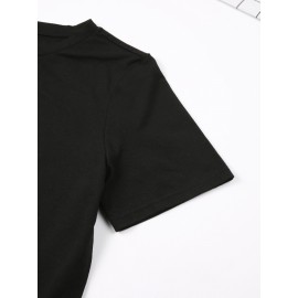 Fashionable Letter Cartoon Print Women'S Round Neck Pure T-Shirt, Simple Design, Comfortable And Breathable, Versatile Essential, Suitable for Daily Leisure, Showing Natural And Elegant Style, Local Delivery