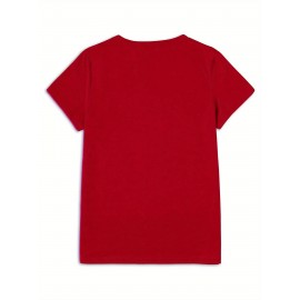 Women's Red Christmas T-Shirt with 'Merry' Text, Plaid & Checkered Tree, Snowflake & Candy Cane Patterns - Soft Stretch Fabric Casual Round Neck Top for July Christmas Parties, Holiday Outfits (/Red/Golden) - Year-Round Wearable