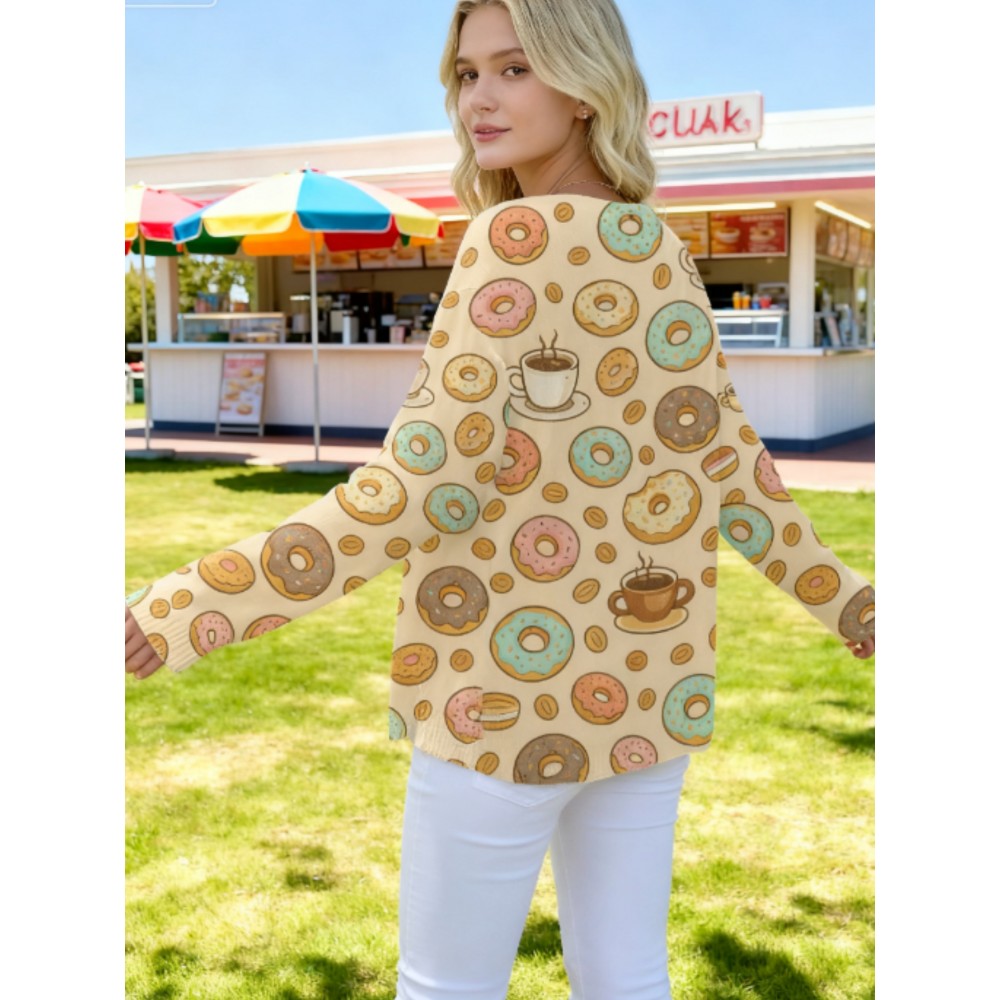 Plus Size, Plus Size Women's Kawaii Donut & Coffee Print Cardigan - Oversized Beige Jacket with Cute Dessert Buttons, Cozy Winter Sweater for Casual Outfits, Themed Parties & Dessert (Pink/Green/Blue/Yellow)